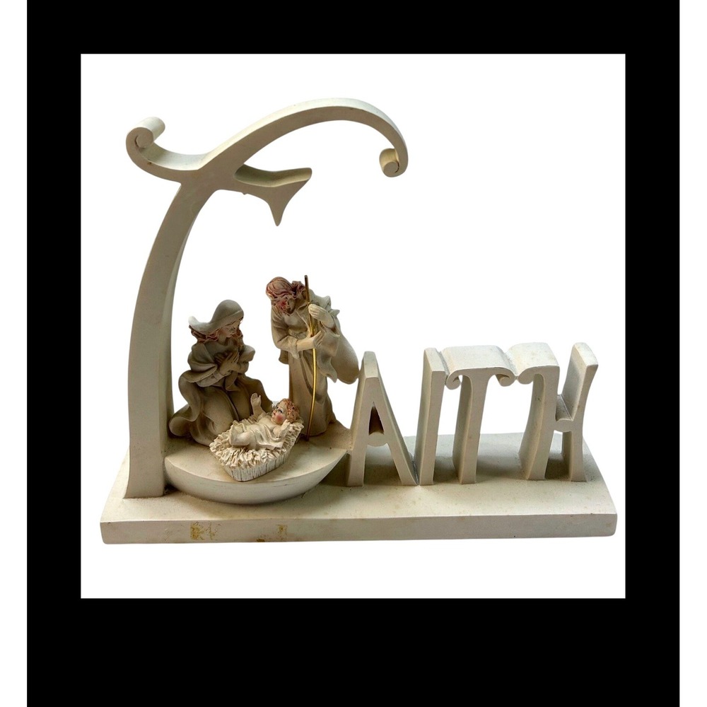 Faith Nativity White Resin Figurine Blue LED Light Holy Family PY-3202 8 Inch